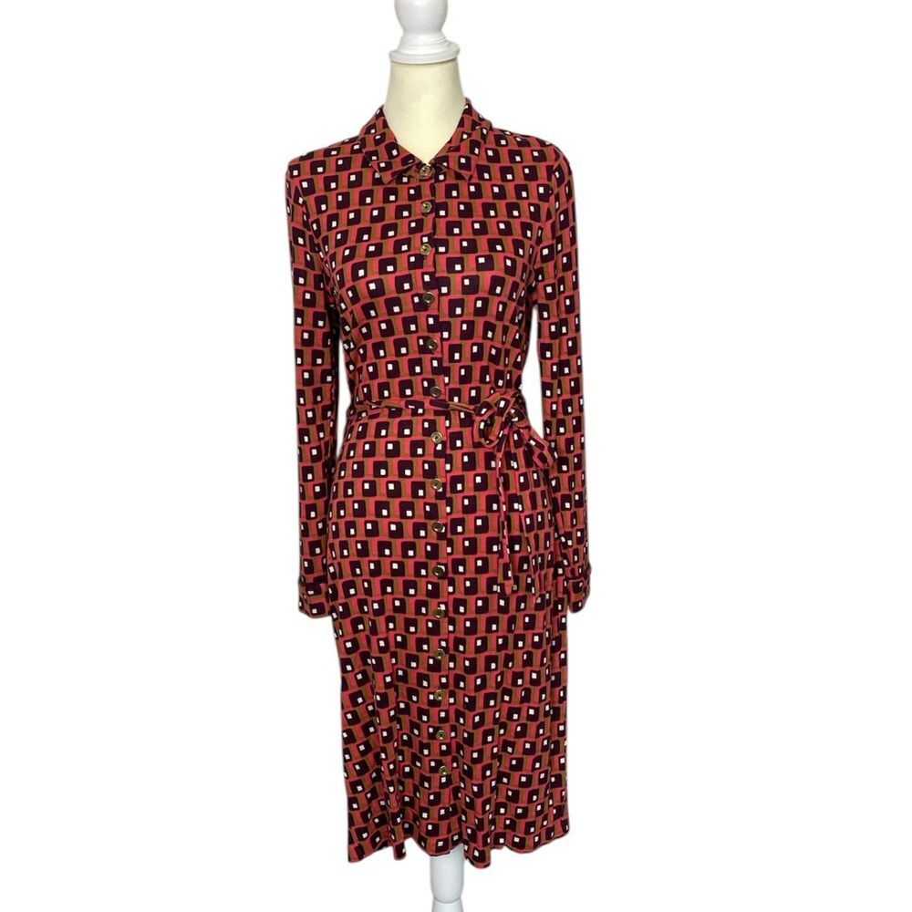 Boden Bold Mod Geometric Print Shirt Dress Belted Long Sleeve Women's Size 12L